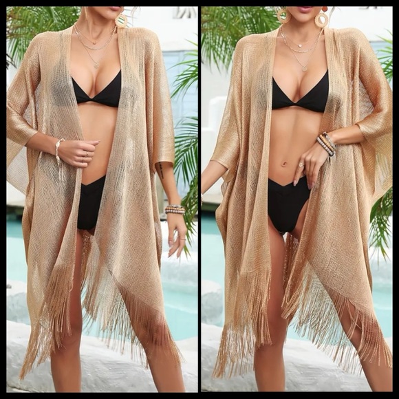 BOUTIQUE  Metallic Net Fringed Cover Up, Tassel Semi Sheer - Picture 6 of 8